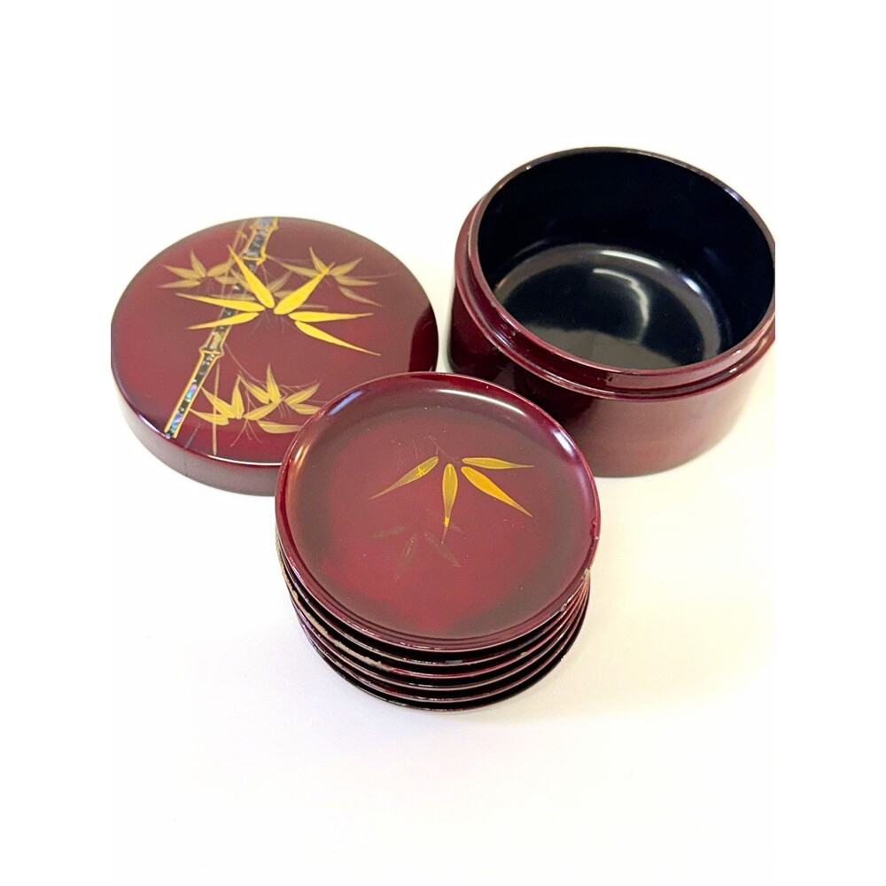 Japanese Lacquerware Round Lidded Box Bamboo Design w/ 6 Matching Coasters